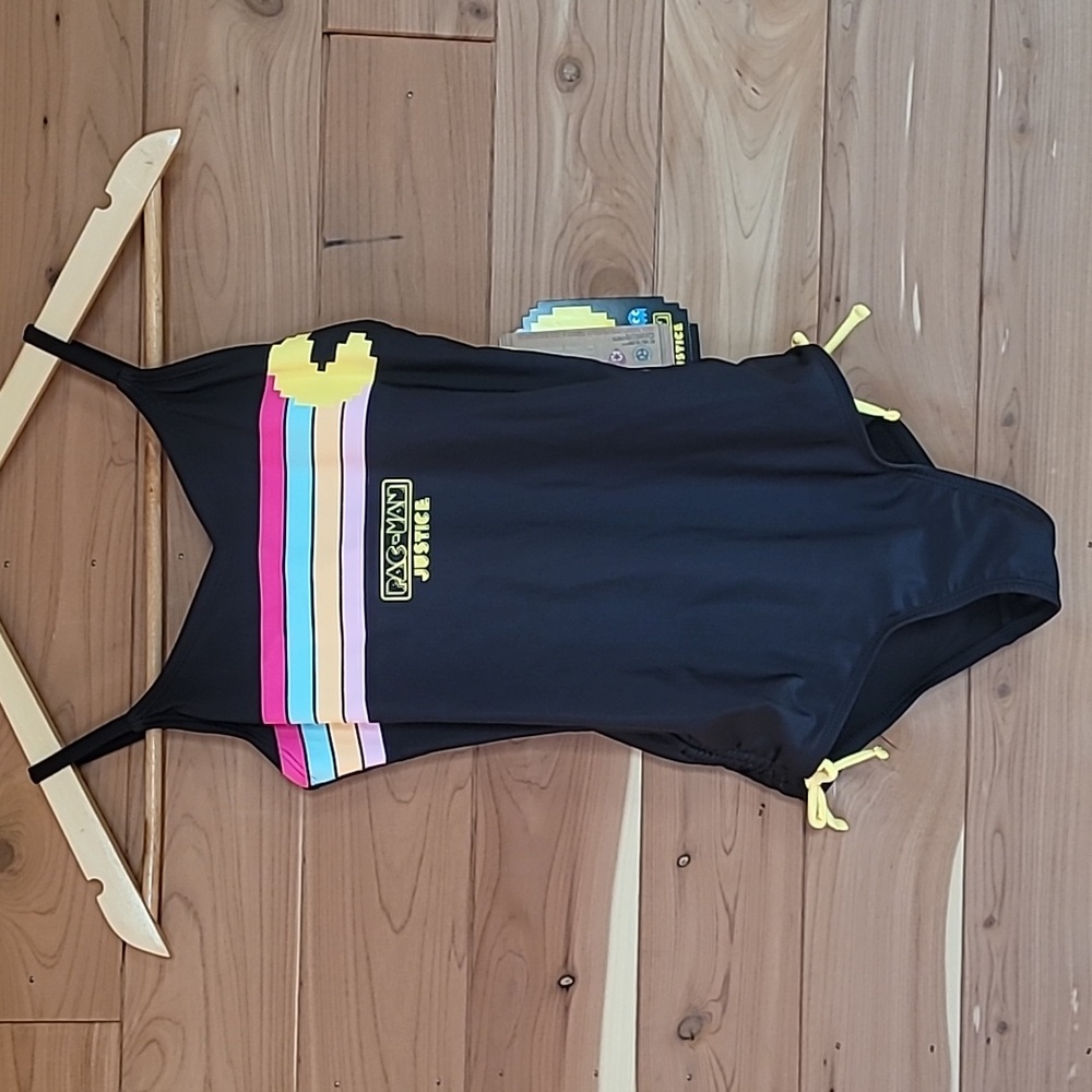Justice Pac-Man Black Swimsuit, Size XS (5/6), Size M (10), Adjustable, Colorful